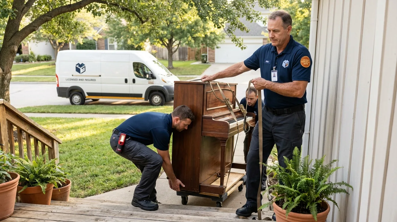 Licensed piano movers securing grand piano in West Orange, NJ