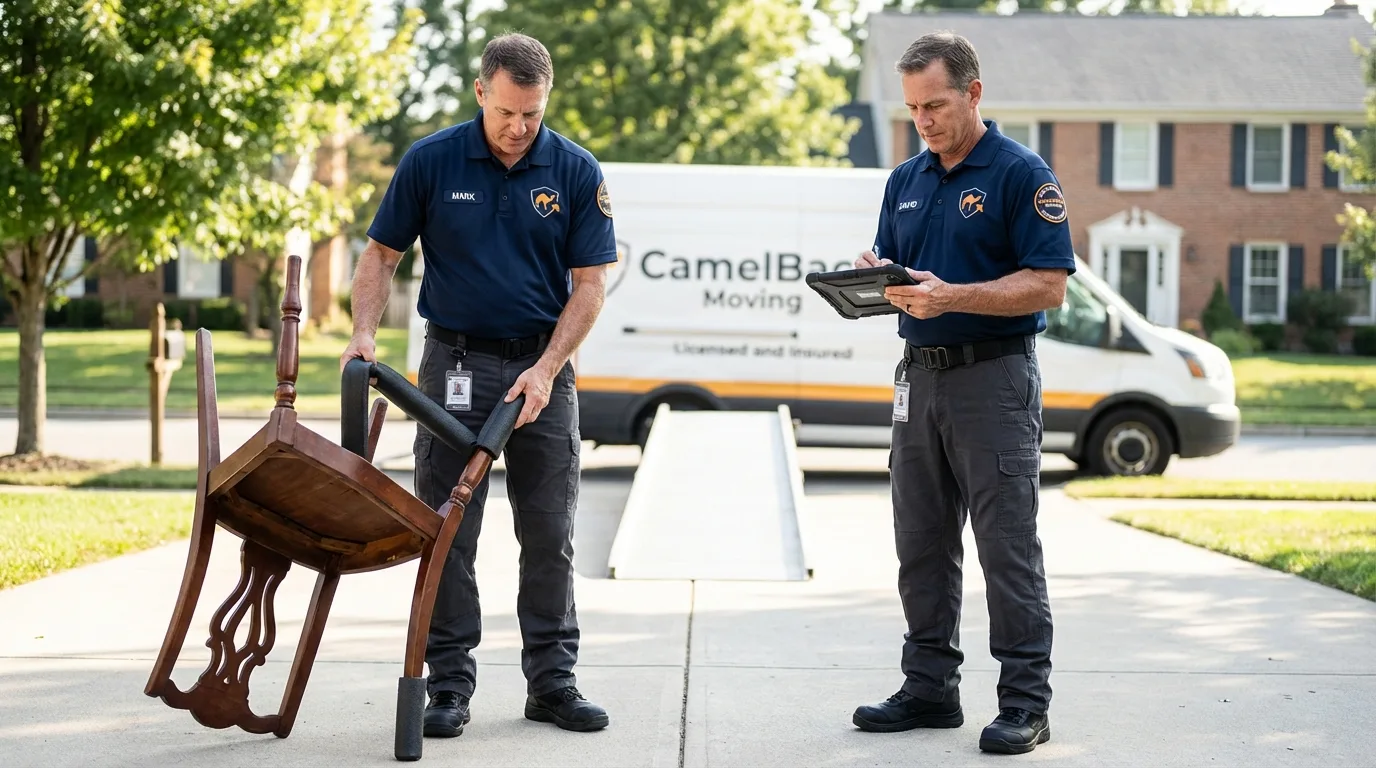 Movers inspecting furniture for damage prevention before loading in West Orange, NJ