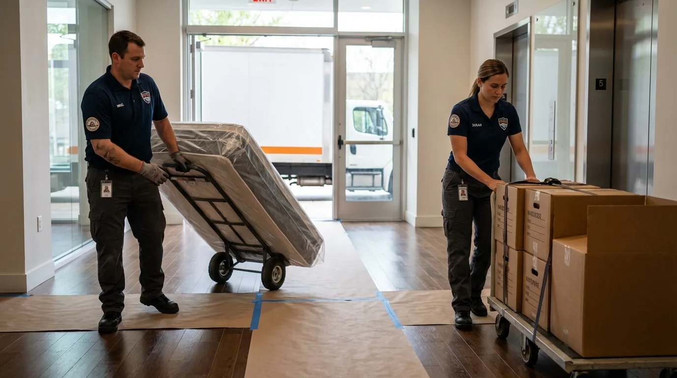Professional apartment movers loading elevator in West Orange, NJ
