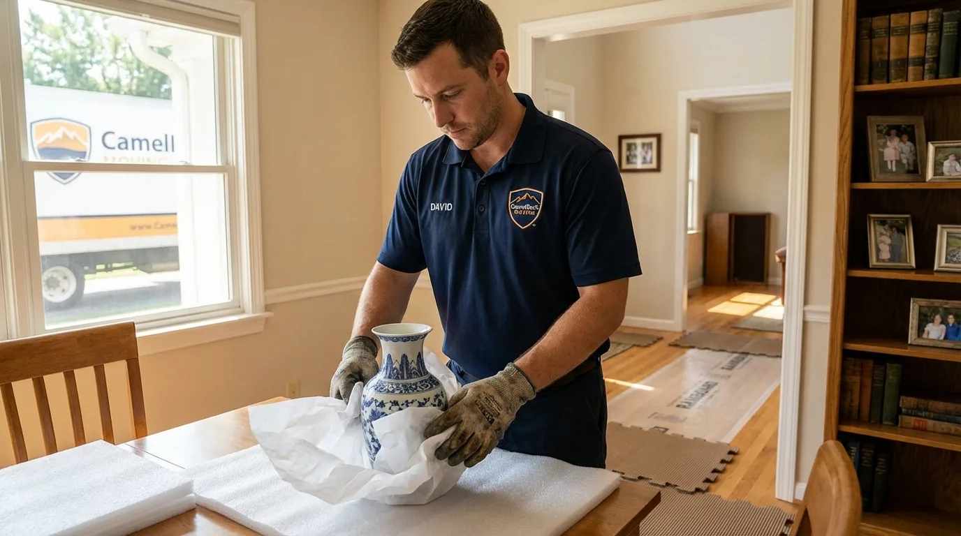Professional crew carefully wrapping antique vase for senior downsizing move in West Orange, NJ